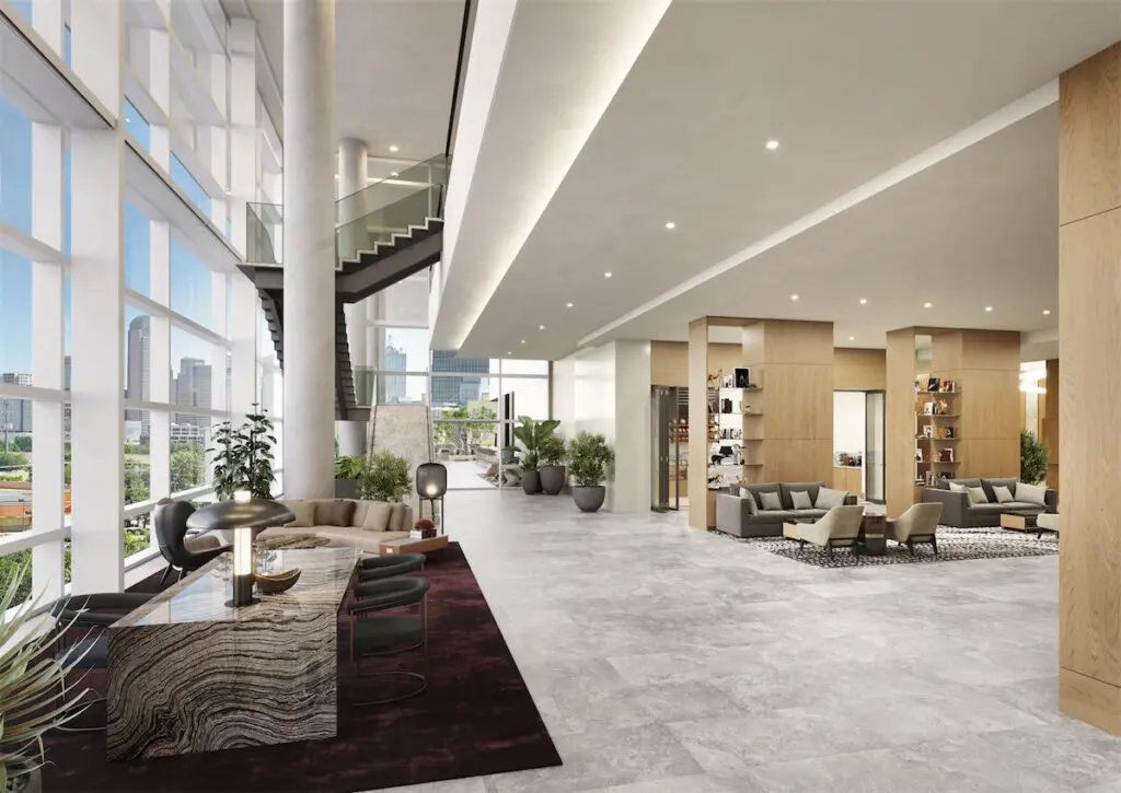 The 11th floor lobby atrium of the upcoming JW Marriott Dallas Arts District. (Rendering courtesy)
