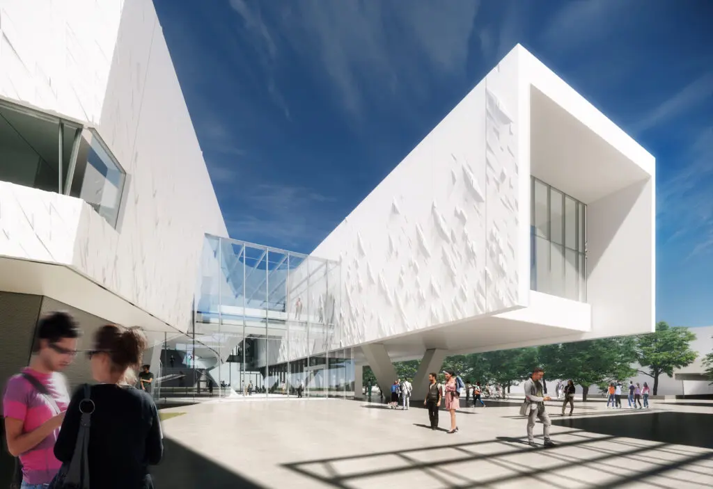 The otherworldly design of Morphosis Architects incorporates cantilevered structures and glass enclosed sanctuaries. (Rendering Morphosis Architects)