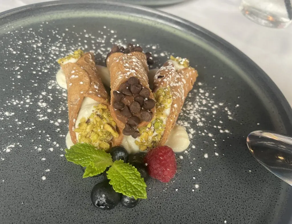 The cannoli are pistachio and chocolate chip at Azzurro Italian Coastal Cuisine. And  at about three inches, they're the perfect size.