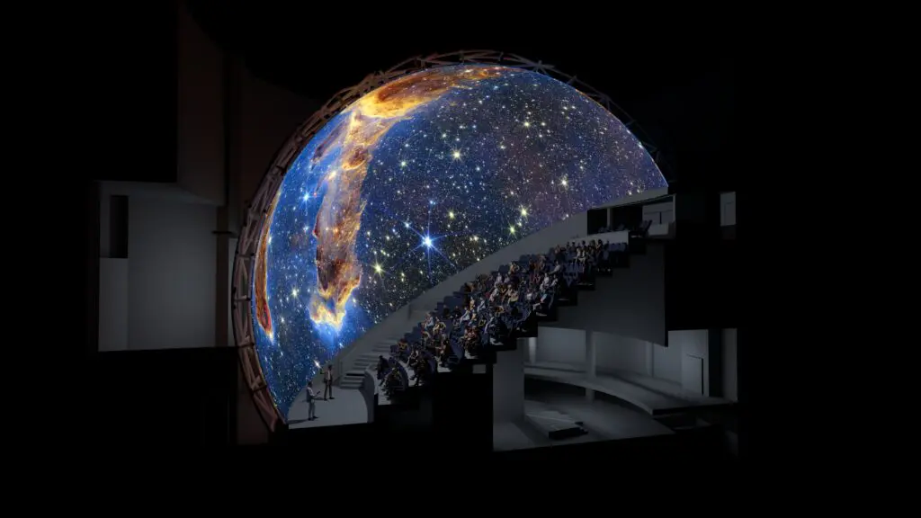 A cutaway view of the new LED projection dome and seating inside Omni.