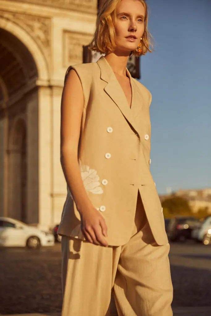 New to the collection is the Ping Vest features a sleek collar, embroidered detailing, and a classic silhouette. Pair with the Dylan Pant to wear as a set!