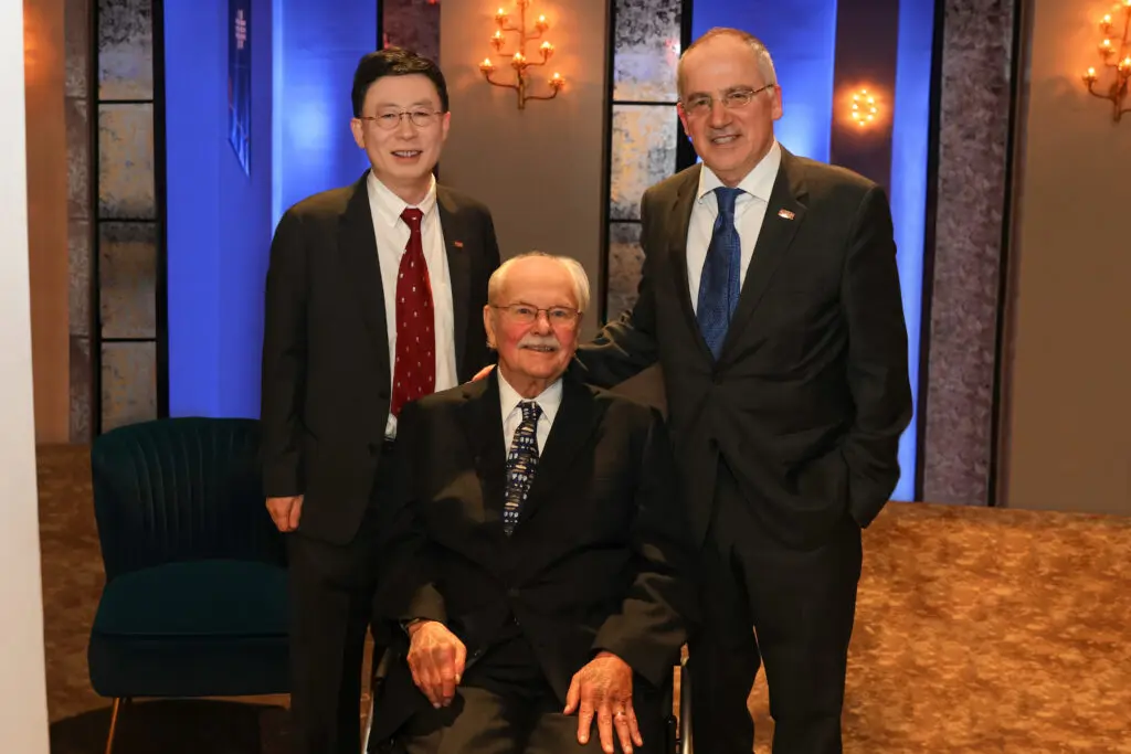 Jiajie Zhang, PhD, Brad McWilliams, Dr. Giuseppe N. Colasurdo at the UTHealth  Art of Gratitude celebration (Photo by Priscilla Dickson)