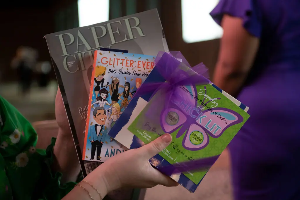 VIP favors including PaperCity magazine, “Glitter Every Day — 365 Quotes from Women I Love” by Bravo’s Andy Cohen and a Daily Planner Pad courtesy of Paper Place (Photo by Tamytha Cameron, Celeste Cass)