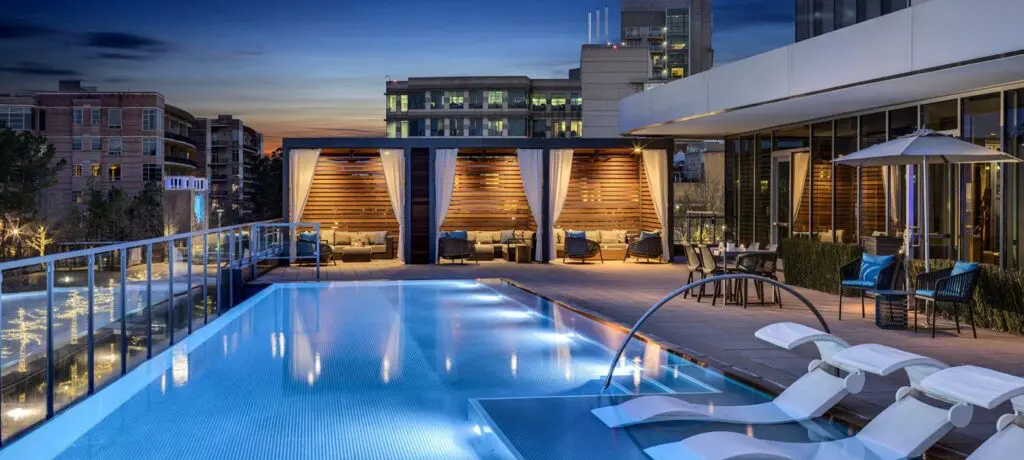 The rooftop pool terrace at Como Social Club, part of The Westin at The Woodlands.