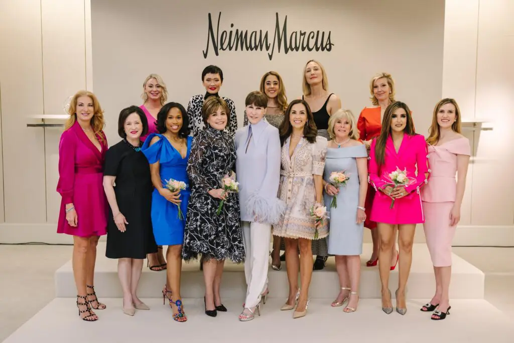 The 2023 PaperCity Best Dressed Honorees are joined by March of Dimes' Jennifer Torres and Kemah Blair, Memorial Hermann Foundation CEO Anne Neeson and Shelby Hodge at Neiman Marcus. (Photo by Johnny Than)