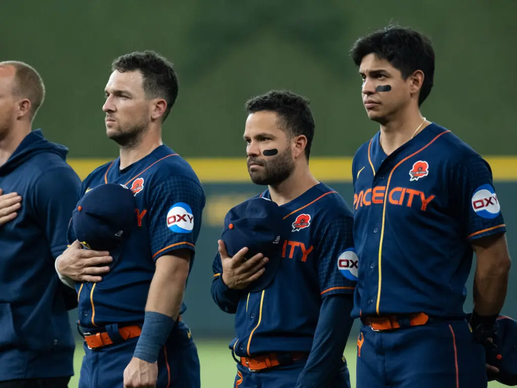 Houston Astros Alex Bregman, Jose Altuve and Mauricio Dubon are part of a tight-knit group. (Photo by F. Carter Smith)