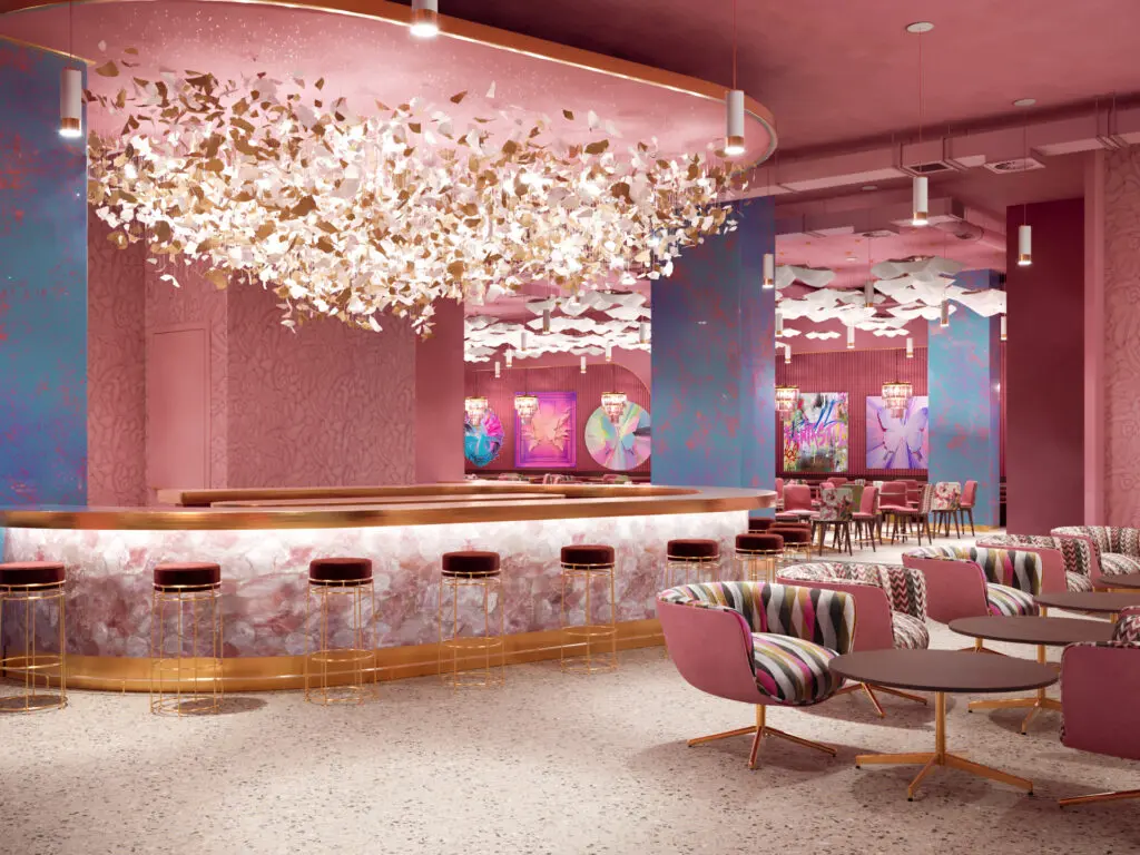 A rendering of the upcoming bar and lounge area of PostScript HTX shows its pink glory.  (Courtesy of PostScript HTX) (Photo by Courtesy of PostScript HTX)