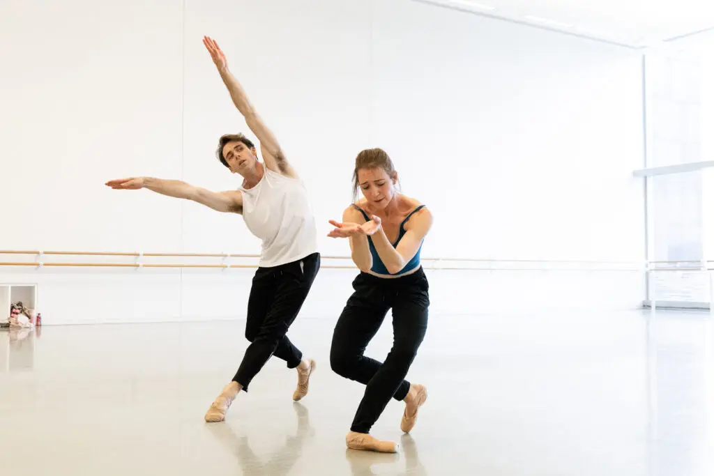 Houston Ballet Principals Jessica Collado and Connor Walsh rehearsing Justin Peck’s Under the Folding Sky. (Photo by Lawrence Elizabeth Knox)