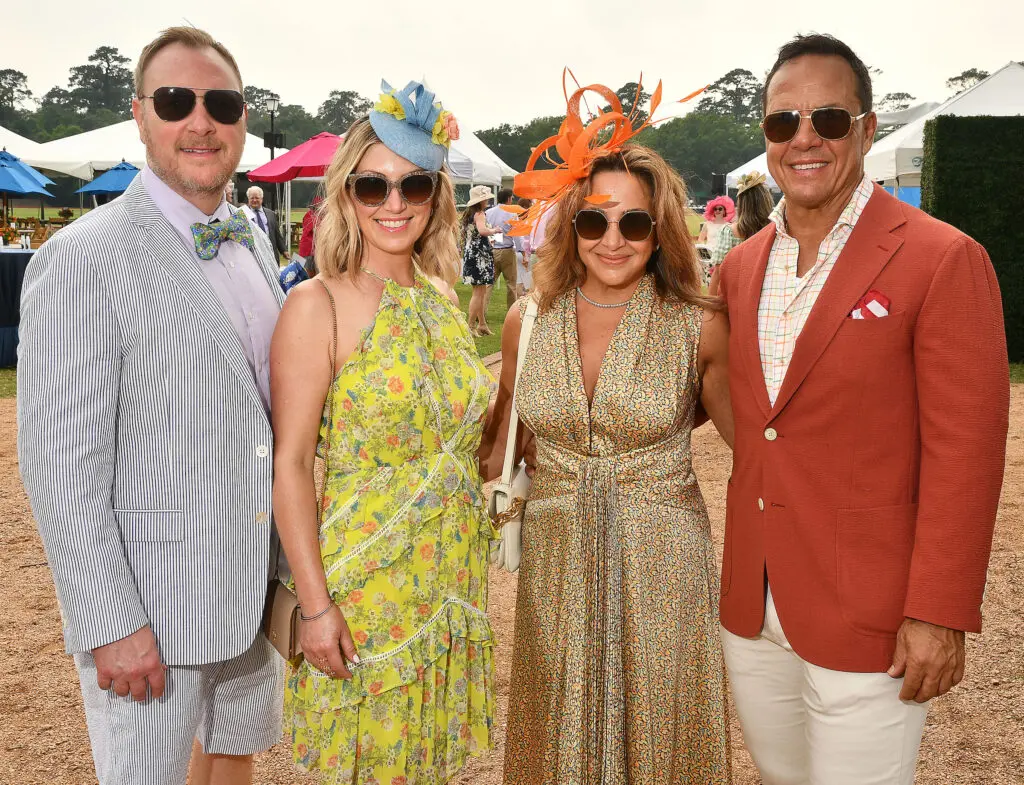 David & Jade Shine, Lisa & John Santasiero at the Bo's Place Hats, Hearts & Horseshoes Kentucky Derby party at Houston Polo Club. (Photo by Dave Rossman)