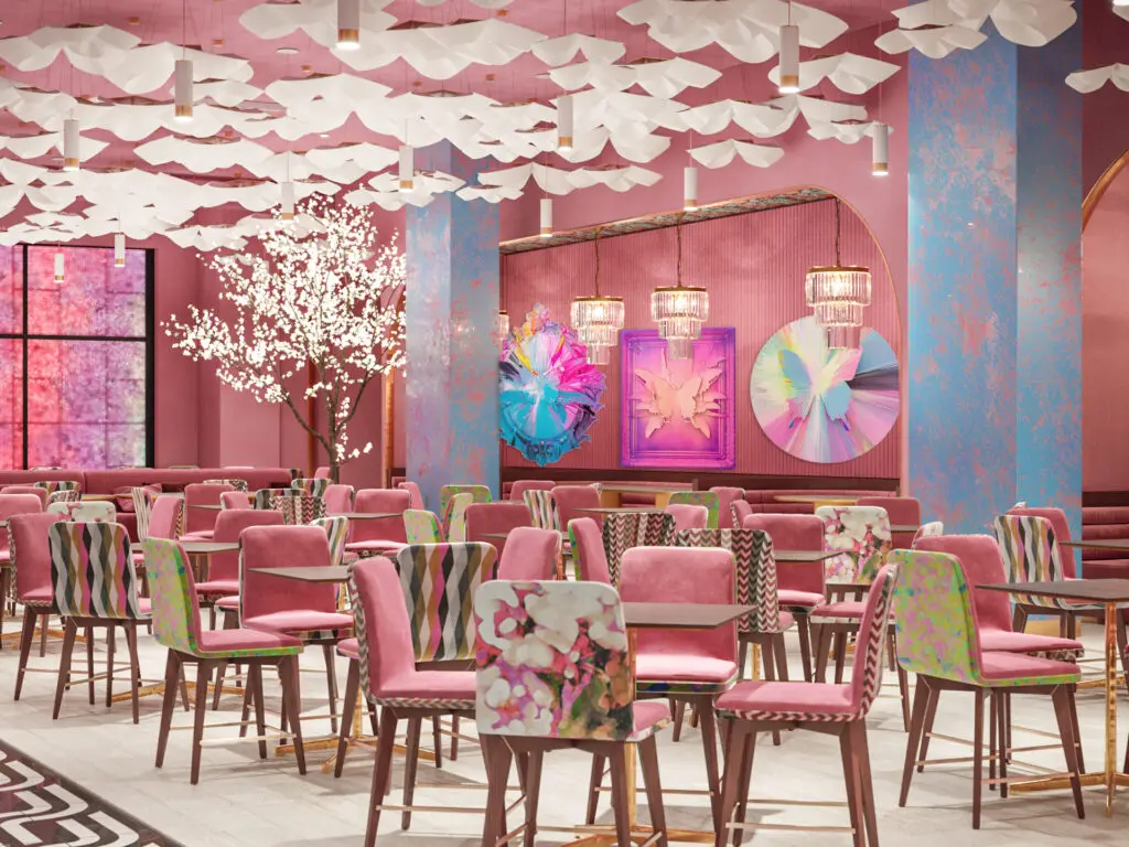 The forthcoming PostScript HTX dining room is awash in pink tones. It is created by the powers behind XOXO Dining Room in Dallas, PS opens this fall at The Shops at Arrive on Kirby Drive. (Courtesy of PostScript HTX) (Photo by Courtesy of PostScript HTX)
