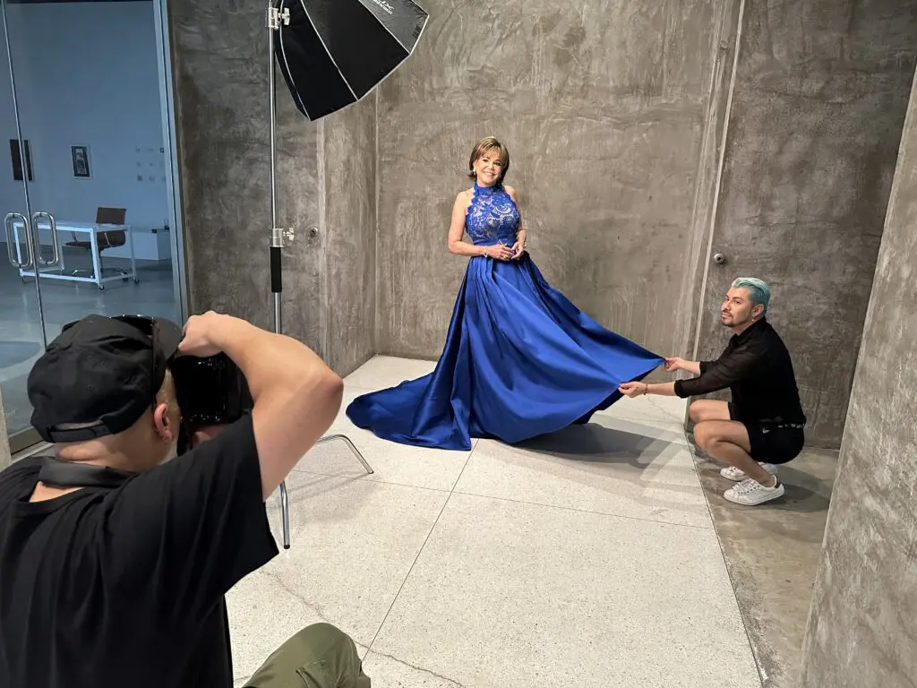 PaperCity Best Dressed Hall of Fame honoree Hallie Vanderhider in a Pamela Rolland gown for the magazine photo shoot. (Photo by Shelby Hodge)