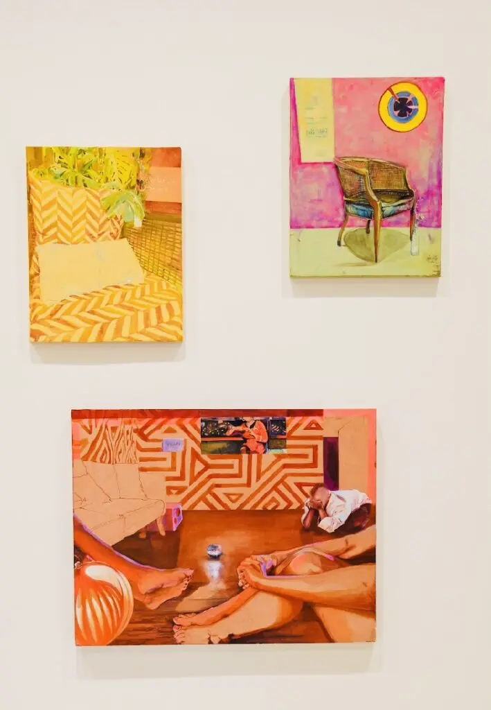 Lovie Olivia's "Still Life (gold)," "Still Life (green)," and "Recess," all created in 2023. (Courtesy the artist and Art Is Bond gallery, Houston)