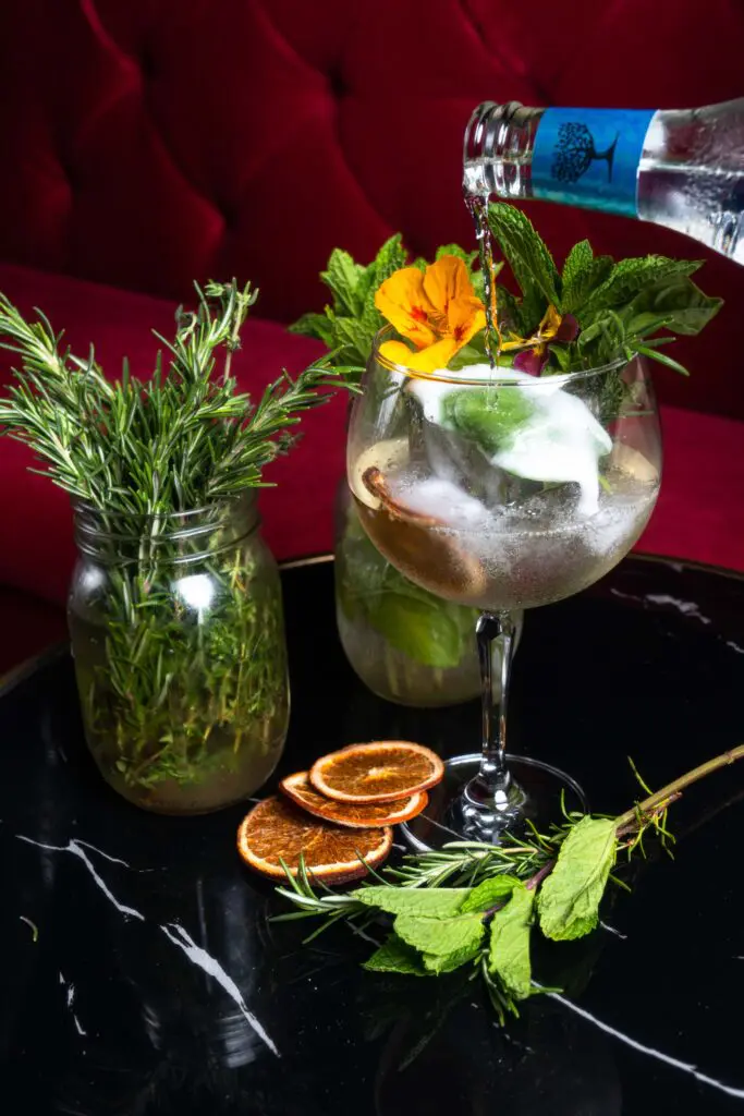 The seasonally driven cocktail program aligns with Mediterranean influences and offers an array of signature cocktails and fresh mocktails like this Lebanese gin and tonic. (Photo by Michael Anthony)
