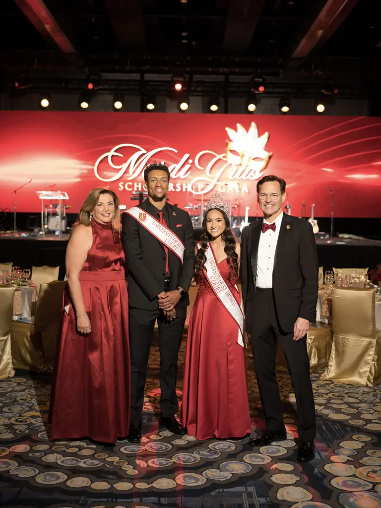 Melynda Ludwick, King Calen Anderson, Queen Kailee Mann, Dr. Richard Ludwick at the University of St. Thomas annual gala (Photo by Daniel Ortiz)