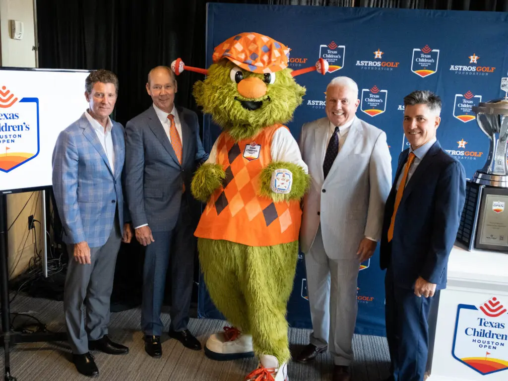 The major players behind Texas Children's Hospital coming on as the title sponsor of the Houston Open gather around golfer Orbit. (Photo by F. Carter Smith)