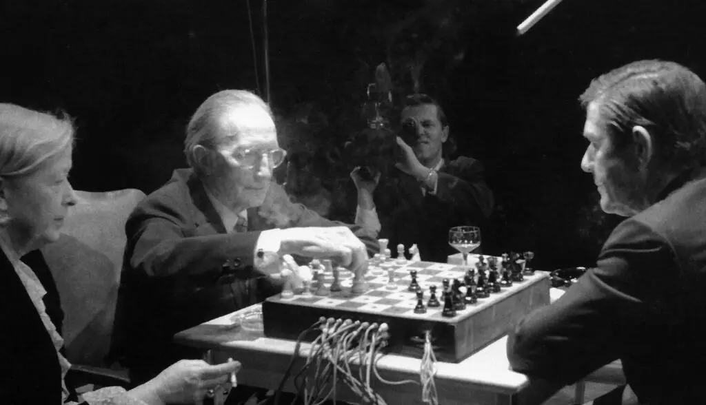 In 1968, Marcel Duchamp and John Cage played a game of musical chess as part of an event titled "Reunion" in Toronto, Canada. Duchamp was a mentor and friend to Cage. (Courtesy The John Cage Trust)