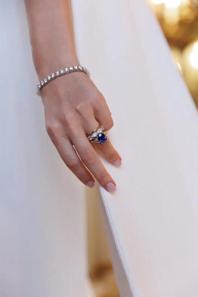 Skylar Pinchal's engagement ring is vintage from Bentley & Skinner. The gold band is a bamboo ring from Jessica McCormack and the eternity band is custom from Houston's Taylor & Co, made by Tessa Taylor.(Photo by German Larkin)