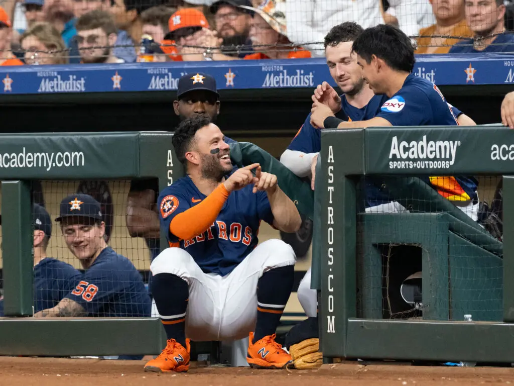 What worry? Astros Jose Altuve, Alex Bregman and Mauricio Dubon still know baseball is supposed to be fun. (Photo by F. Carter Smith)