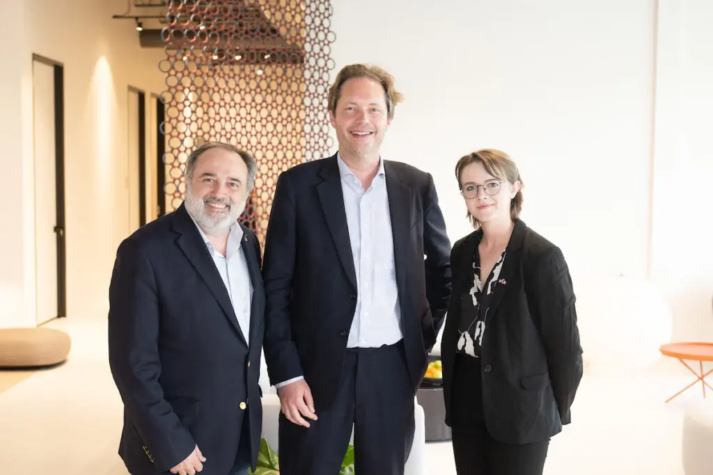 Jean-Francois Bonneté, Guillaume Frerejean-Taittinger, Brett Bonneté at the BeDESIGN rooftop fête.