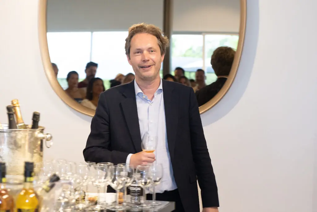 Guillaume Frerejean-Taittinger at the BeDESIGN fête introducing Sorellina Rooftop and Frerejean Frères champagne.