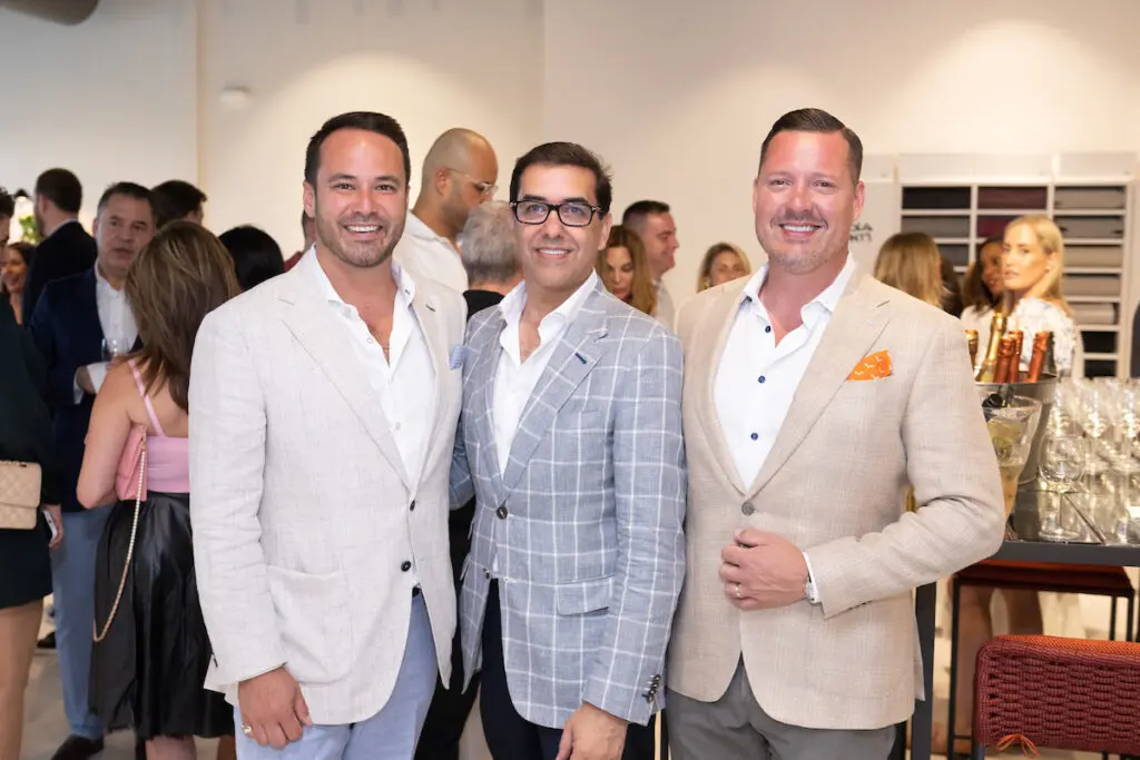 Jefrrey Yates, Marcelo Saenz, Clayton Katz at the BeDESIGN fête introducing Sorellina Rooftop and Frerejean Frères champagne.