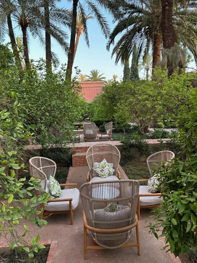 A quiet sitting area in one of the gardens at the Royal Monsour Hotel in Marrakech, Morocco