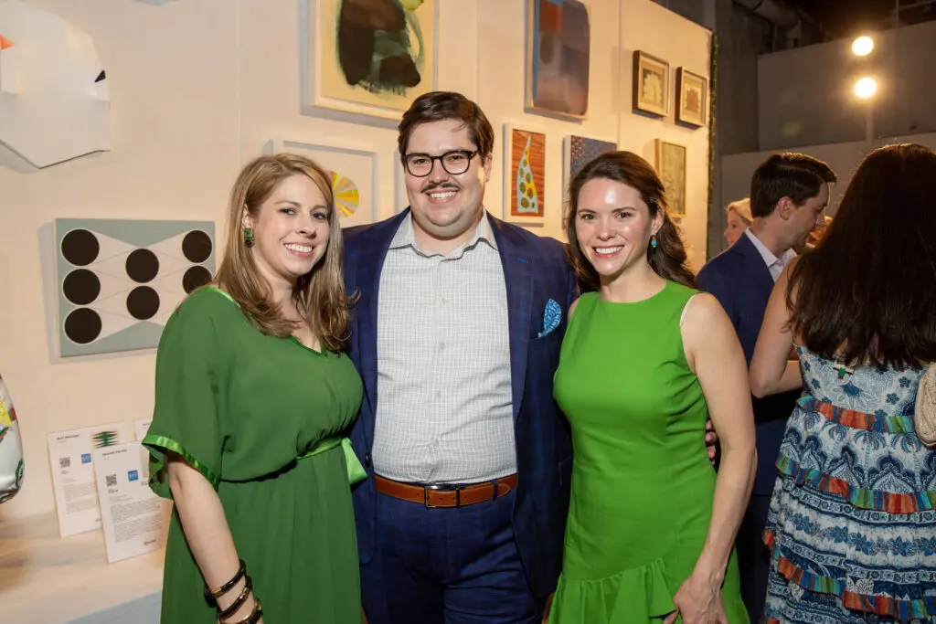 Chair Sarah Foltz, Brandon Zech, Chair Sara Cain at the 2023 Glasstire Party & Auction (Photo by Jenny Antill Clifton)