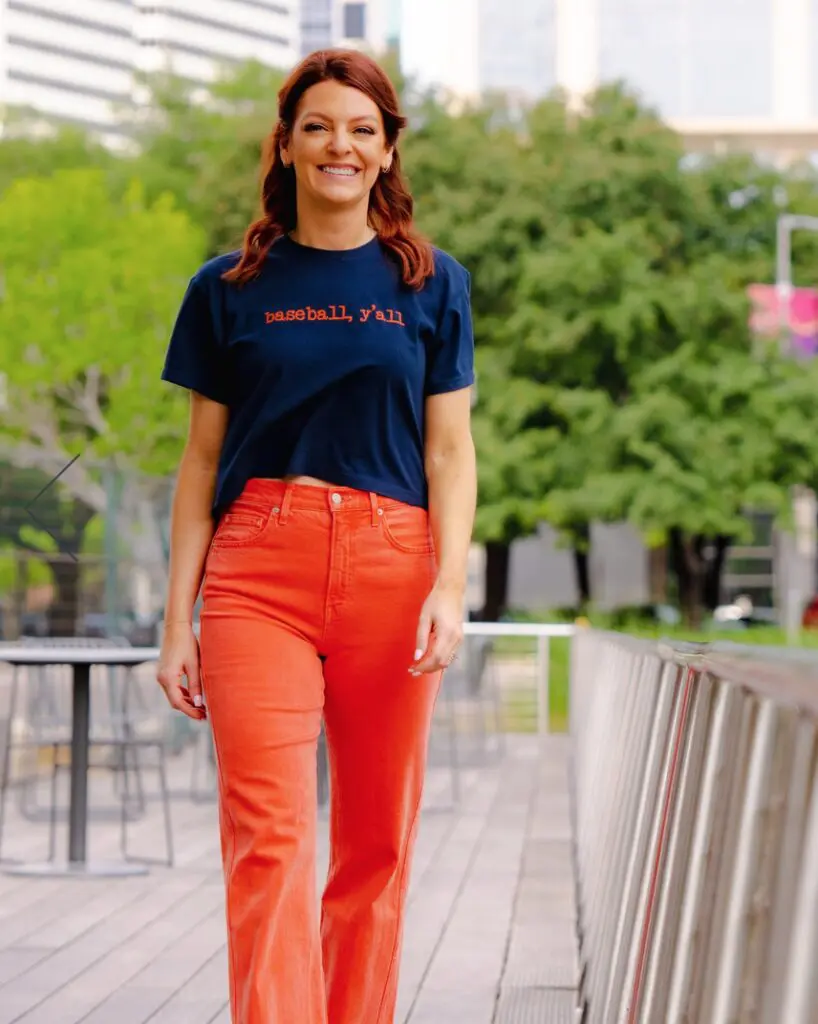 Julia Morales, AT&T SportsNet and Astros sideline reporter, in her signature t-shirt.