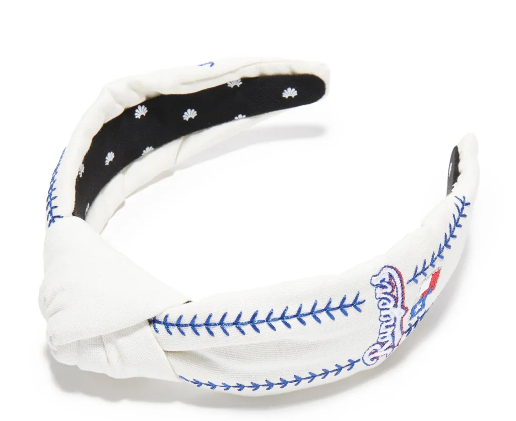 Lele Sadoughi salutes the Texas Rangers with this embroidered headband.