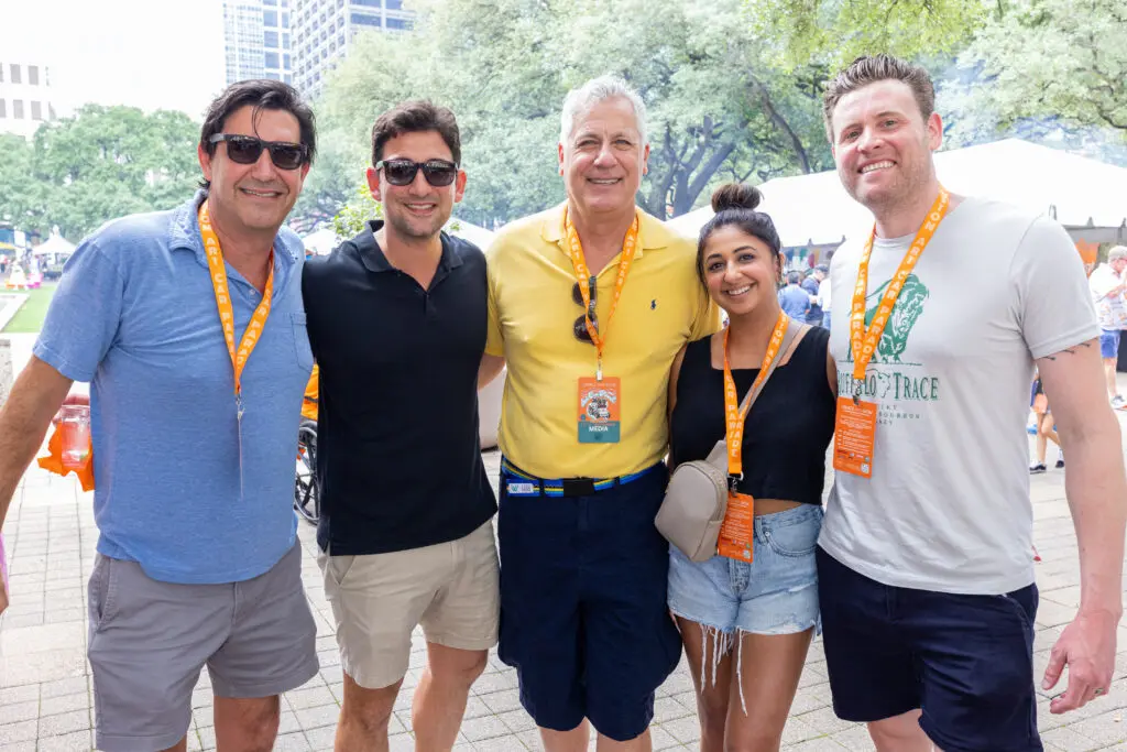 Stuart Rosenberg, Jose Ocque, Sanford Steinberg, Megha Bhandari McSwain, Patrick McSwain at the Orange Show Art Car Parade (Photo by Emily Jaschke)