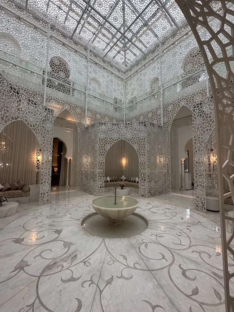 Elaborate filigree work in the spa at the Royal Mansour Hotel in Marrakech, Morocco, soars alway to the ceiling