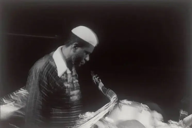 Ming Smith's archival pigment print "Pharoah Sanders at the Bottom Line, New York," 1977. (Courtesy Art Is Bond)