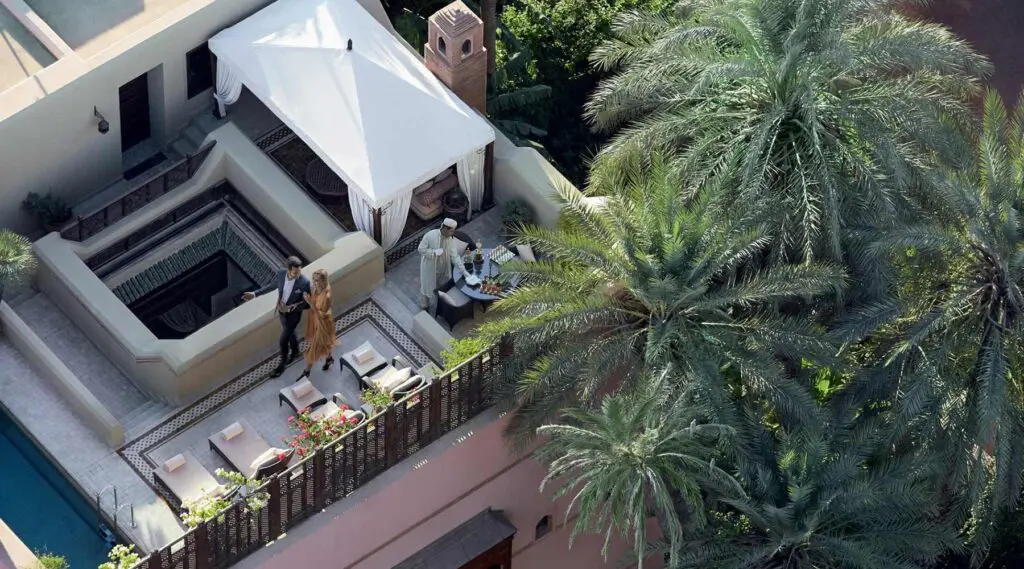 Each of the 53 riads at the Royal Mansour boasts a rooftop terrace and splash pool, where dinner, drinks and butler service can be enjoyed.