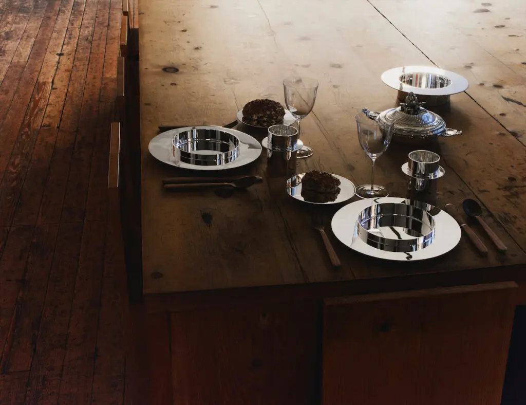 Part of the eight-piece dinner service by Donald Judd for Puiforcat. (Photo by Eric Poitevin)