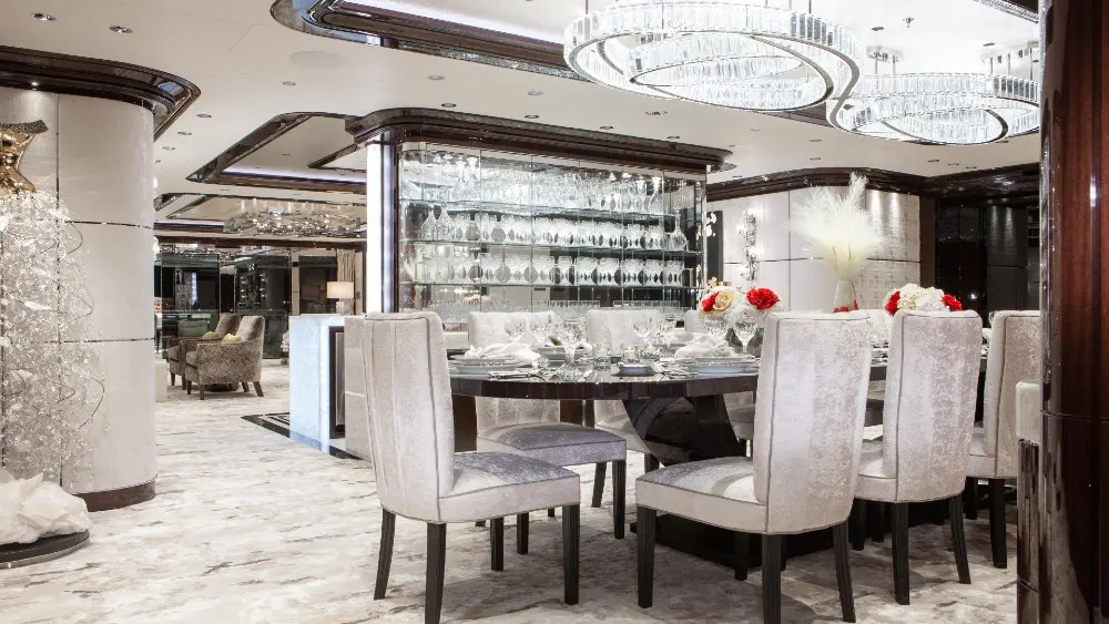 The dining room on the main deck of Tilman Fertitta's superyacht 'Boardwalk' (Photo courtesy of Fertitta Entertainment)