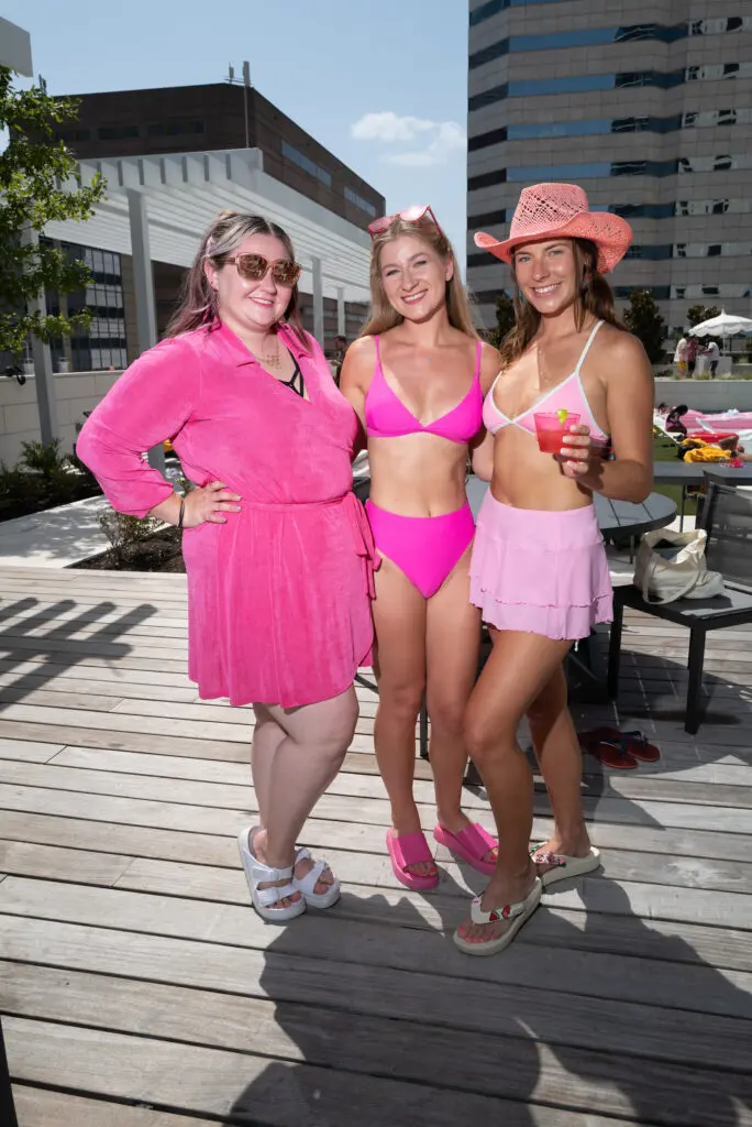 Caitlin Moffett, Tiffany Wisneski, Claire Stevlingson at the Barbie-inspired pool party at Hines' Brava, the downtown residential high rise.