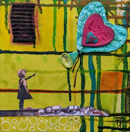 Fabrice Plantard's work features a rendition of Banksy's iconic "Boy with a Balloon" at "Multi-Zen-Sery" at The Alta Arts (Photo by Brittany Ellis)