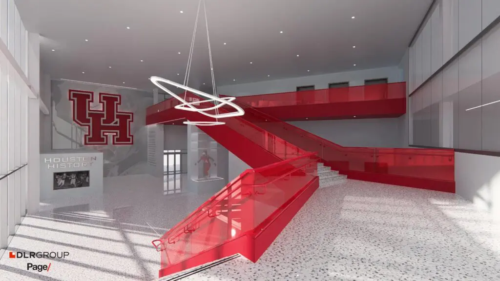 The new University of Houston football building will have a dramatic red staircase in its entrance lobby. (Courtesy UH Athletics)