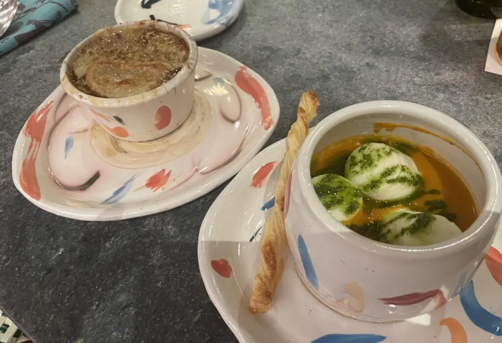 The French onion soup (left) and the marshmallow soup are served in hand created pottery at the new Rise in The Woodlands.