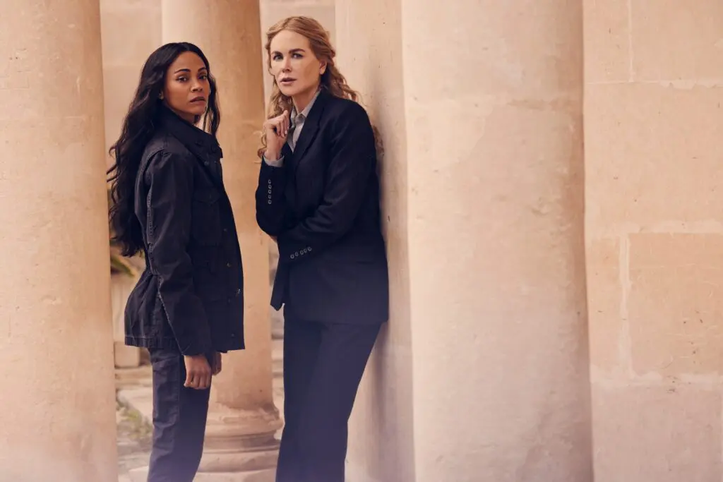 Zoe Saldana as Joe and Nicole Kidman as Kaitlyn Meade star in Lioness, Taylor Sheridan's latest new series streaming on Paramount+.