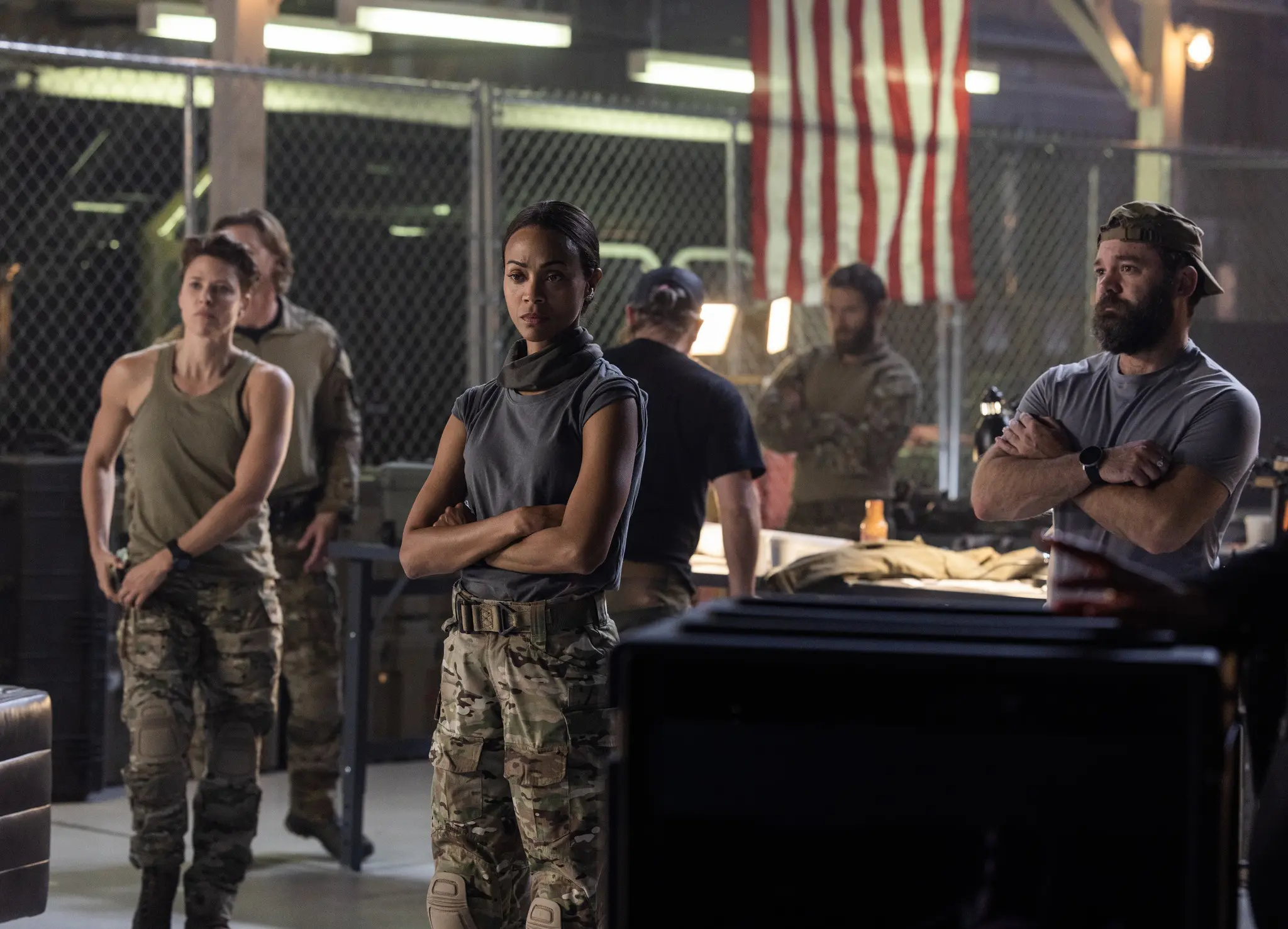 Jill Wagner as Bobby, Thad Luckinbill as Kyle, Zoe Saldana as Joe, James Jordan as Two Cups, Jonah Wharton as Tex, Austin Hébert as Randy in Lioness episode 5, Season 1 streaming on Paramount+. (Photo by Greg Lewis/Paramount+)