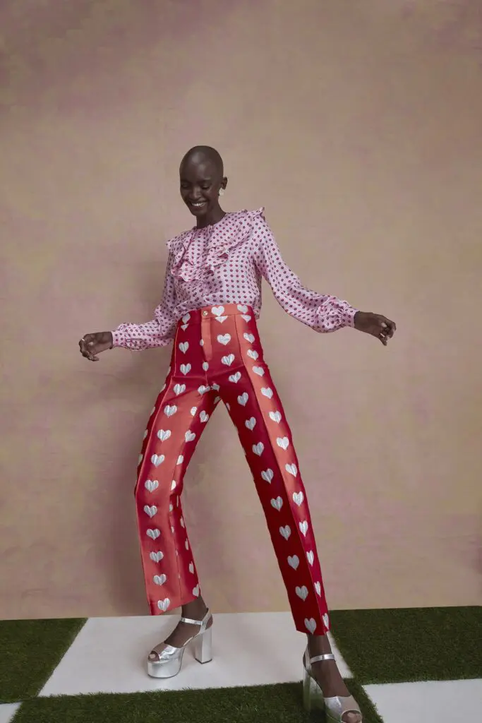 Lisou's Simone Pink Red Lip Print Silk Twill Shirt, $430, Red Print Silk Jacquard Trouser, $460