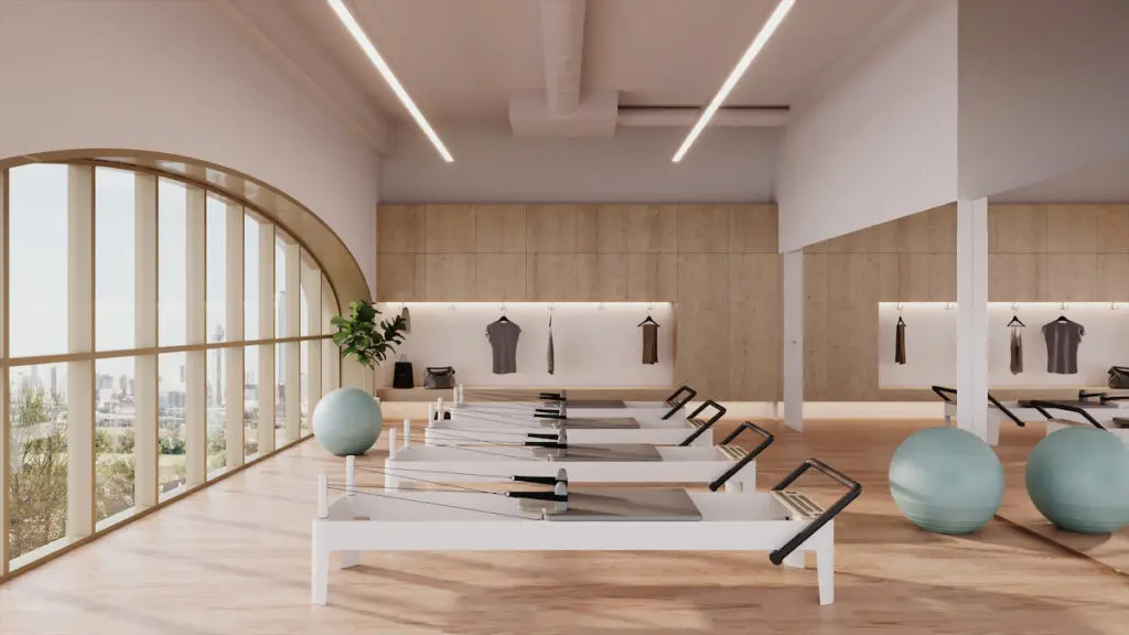 A rendering of the Pilates studio at O2 Dallas in The Terminal.