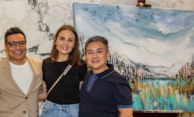 
Artist Edgar Medina, Alena & Leo Grove at the Institute of Hispanic Culture of Houston preview party held at CAM Studio. (Photo by Pablo Delgado of Metanoia Films)