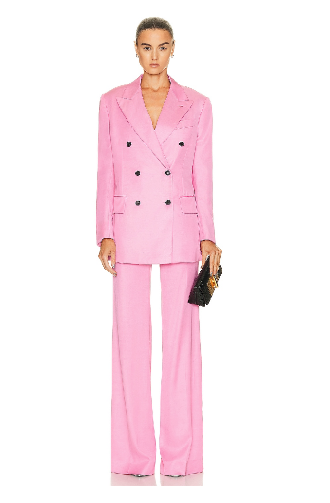 Tom Ford twill boyfriend jacket and matching wide leg pant, $4,490 and $1,699 respectively.