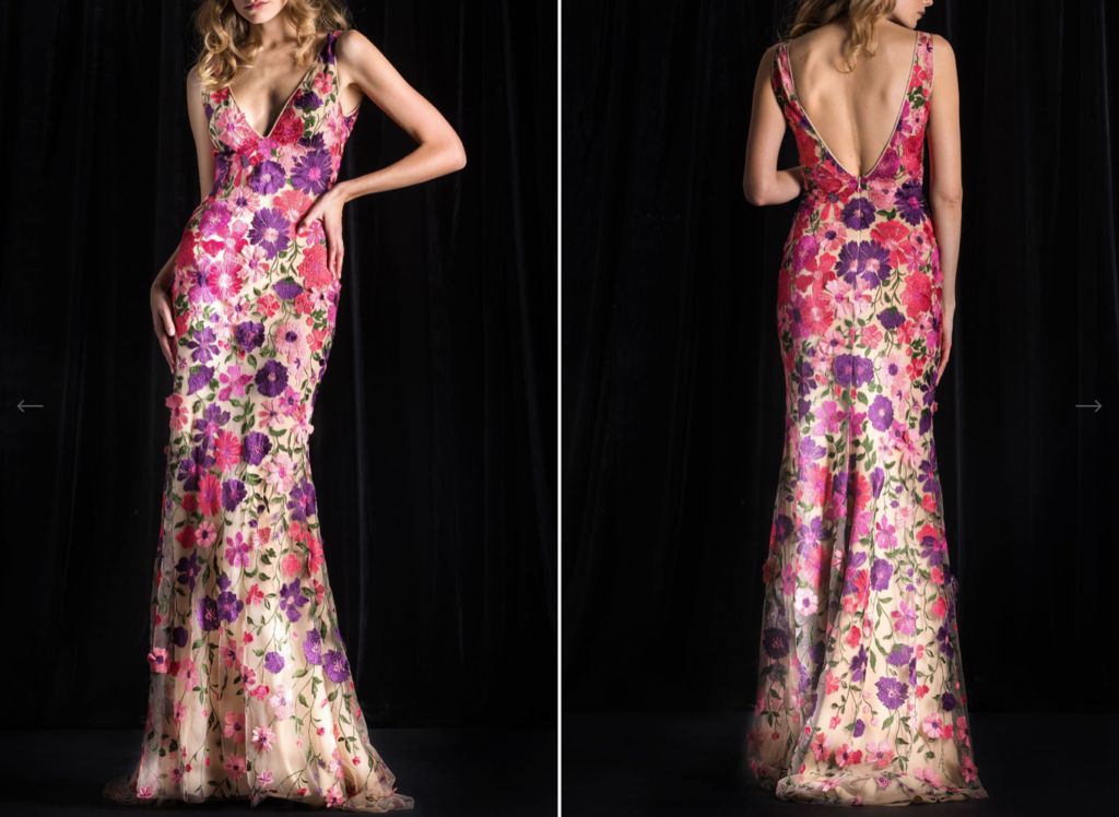 Naeem Khan's floral applique V-neck gown from Elizabeth Anthony, $5,995 is the perfect non-Barbie/Barbie gown for black-tie nights.