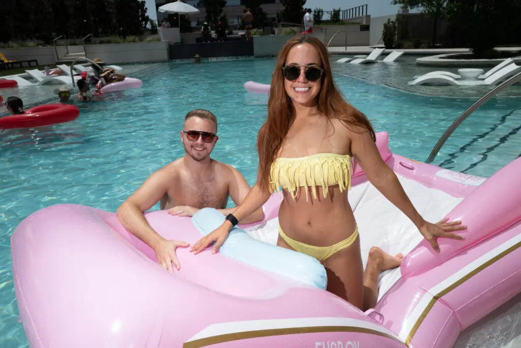 Tyler McMorris, Kara Dias at the Barbie-inspired pool party at Brava, the downtown residential high rise.