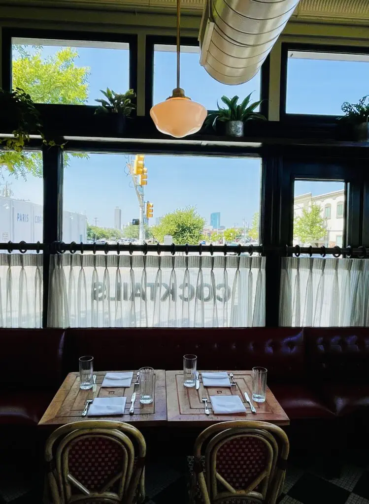A fabulous view of the Fort Worth skyline peeks out above the café curtains. (Photo by Courtney Dabney)