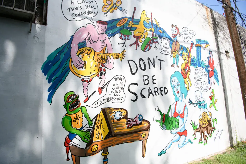 The "Don't Be Scared" mural at Redbud Arts Center, honoring the late Daniel Johnston (Photo by Saranna Zhang/Kevin Zhang Photography)