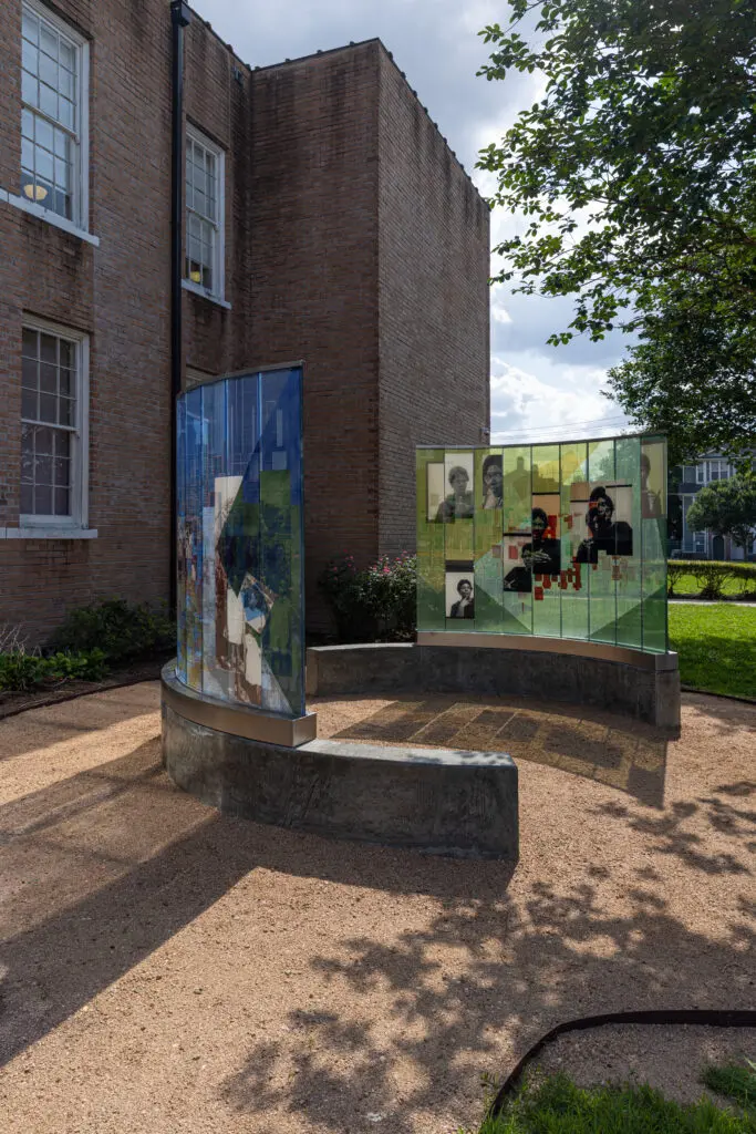 "The Meditative Space" is made up of two curved glass panels that show Barbara Jordan's expansive legacy and impact. (Photo by Alex Barber)